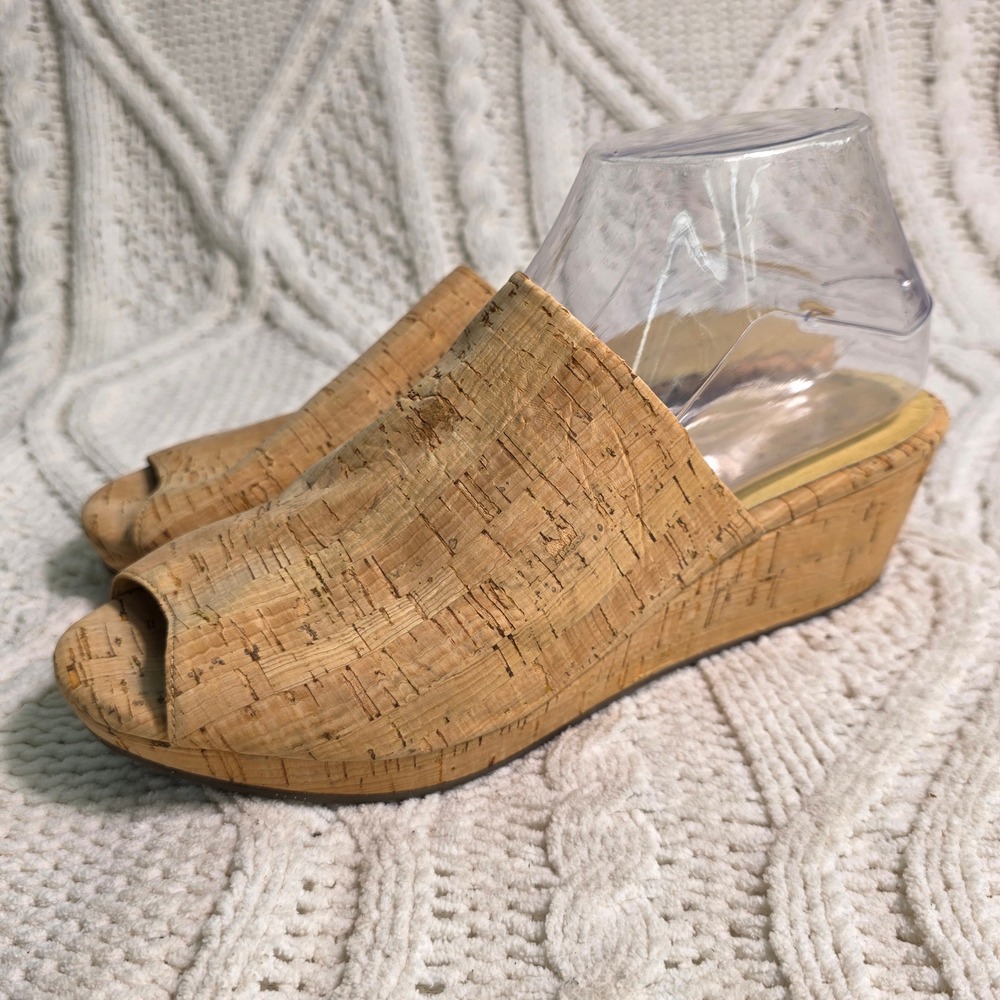 Chocolat Blu Yoshi Wedge Mules Tan Cork‎ & Leather Peep Toe Women 8 Excellent